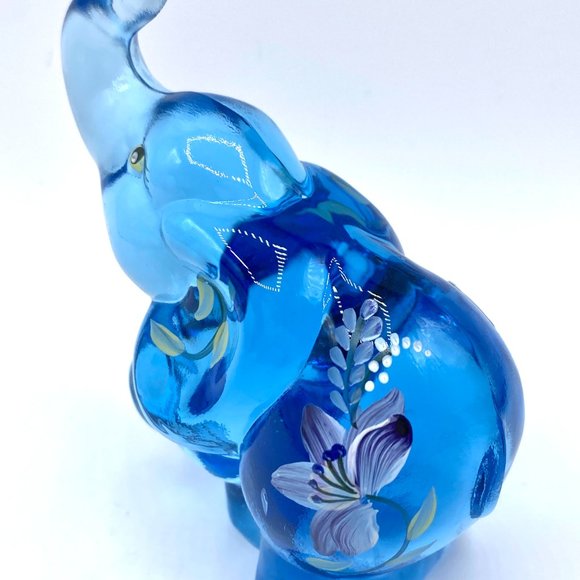 Fenton Art Glass Blue Hand Painted Weistier Trunk Up Elephant Signed Figurine